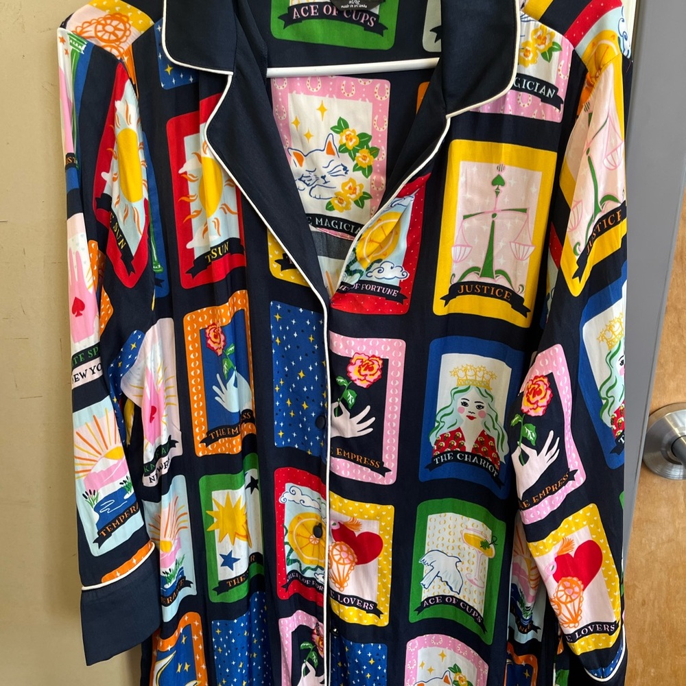 kate spade navy button-up with colorful tarot motif nightgown XL